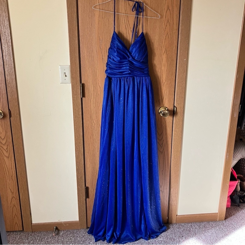 Royal Blue Spaghetti Strap Formal Floor Length Slit Corset Back Dress - Picture 2 of 8